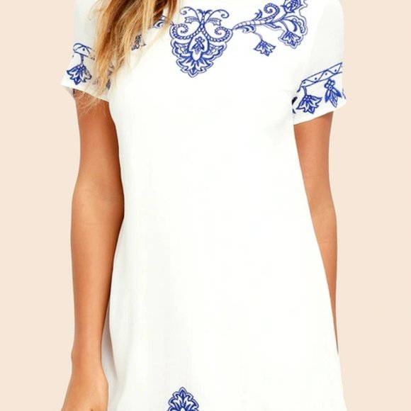 tale to tell blue and ivory embroidered shift dress Lulus Tale To Tell Blue Ivory Embroidered Shift Dress XS